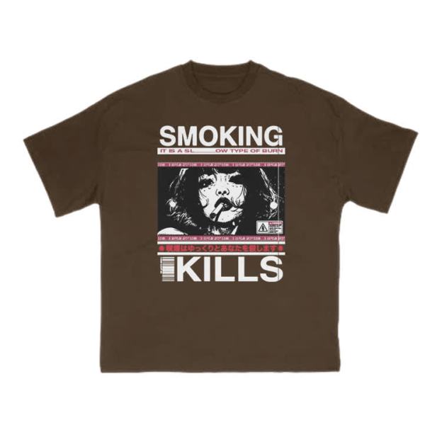 Smoking Kills Retro Manga Style Graphic Print T-Shirt - Coffee - US16-18(2XL) - image 3