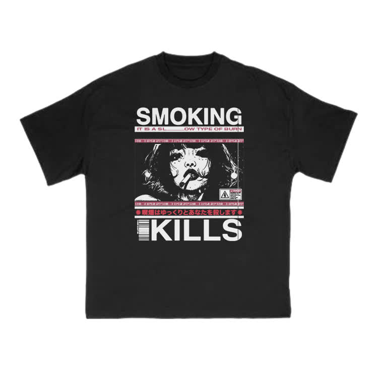 Smoking Kills Retro Manga Style Graphic Print T-Shirt - Black - US16-18(2XL) - image 2