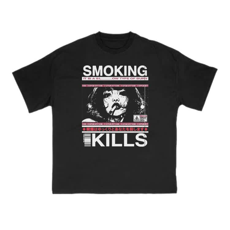 Smoking Kills Retro Manga Style Graphic Print T-Shirt - Black - US16-18(2XL) - image 2