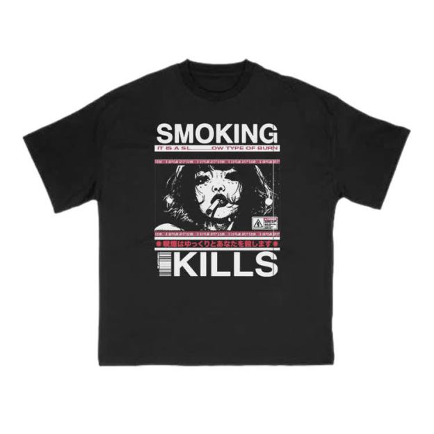 Smoking Kills Retro Manga Style Graphic Print T-Shirt - Black - US16-18(2XL) - image 2