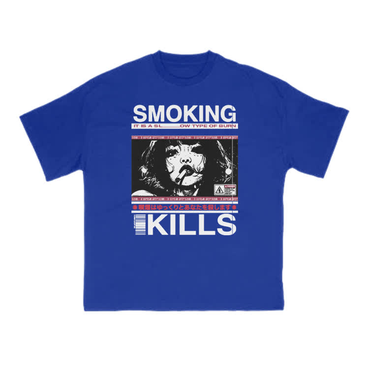 Smoking Kills Retro Manga Style Graphic Print T-Shirt - Blue - US16-18(2XL) - image 4