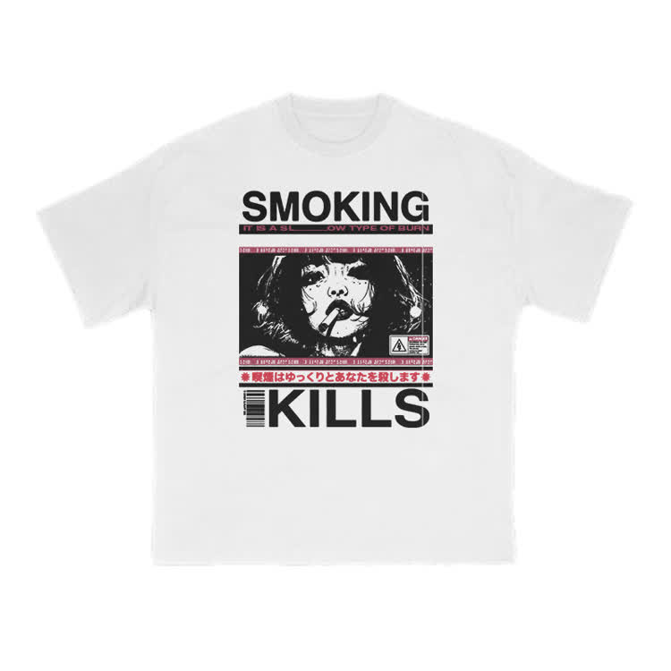 Smoking Kills Retro Manga Style Graphic Print T-Shirt - White - US16-18(2XL) - image 1