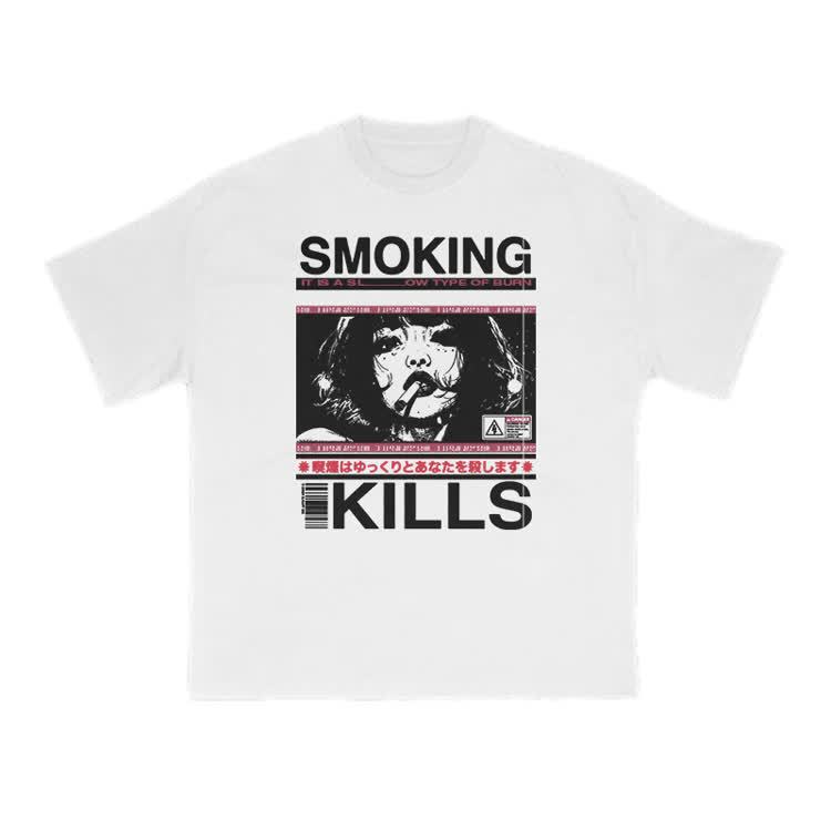 Smoking Kills Retro Manga Style Graphic Print T-Shirt - White - US16-18(2XL) - image 1