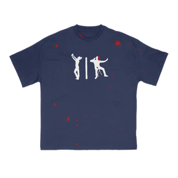 Zombie Attack Silhouette Blood Splatter Print T-shirt  - Navy Blue - 8XL - image 3