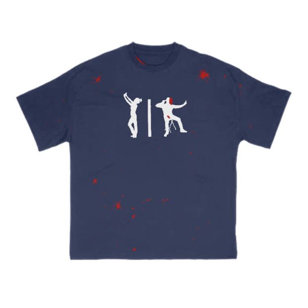 Zombie Attack Silhouette Blood Splatter Print T-shirt  - Navy Blue - 8XL - image 3