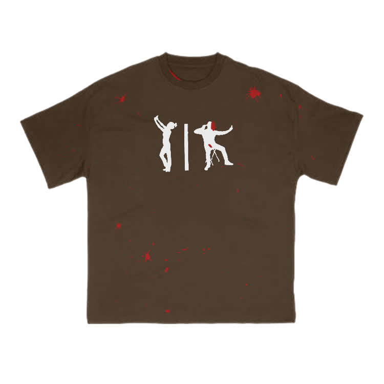 Zombie Attack Silhouette Blood Splatter Print T-shirt  - Coffee - 8XL - image 5