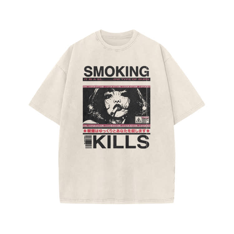 Smoking Kills Retro Manga Style Graphic Print Acid Washed T-Shirt - Beige - US20-22(3XL) - image 2