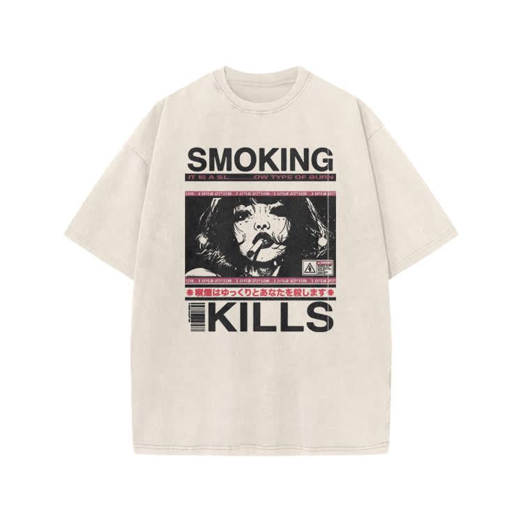 Smoking Kills Retro Manga Style Graphic Print Acid Washed T-Shirt - Beige - US20-22(3XL) - image 2