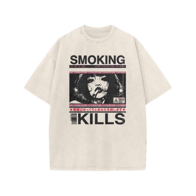 Smoking Kills Retro Manga Style Graphic Print Acid Washed T-Shirt - Beige - US20-22(3XL) - image 2
