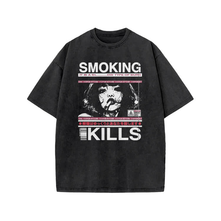 Smoking Kills Retro Manga Style Graphic Print Acid Washed T-Shirt - Black - US20-22(3XL) - image 1