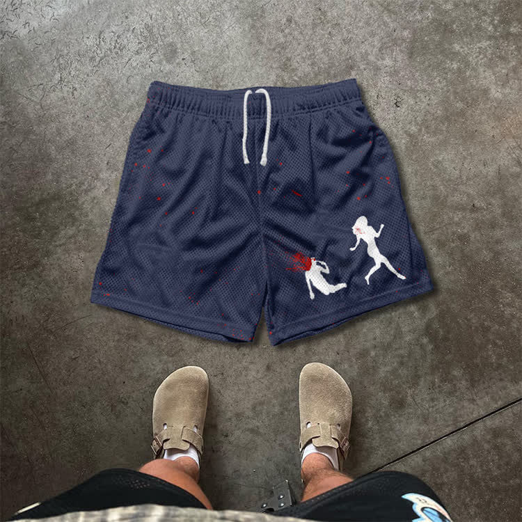 “Run Away”Girl Graphic Print Mesh Shorts - Navy Blue - 5XL - image 5