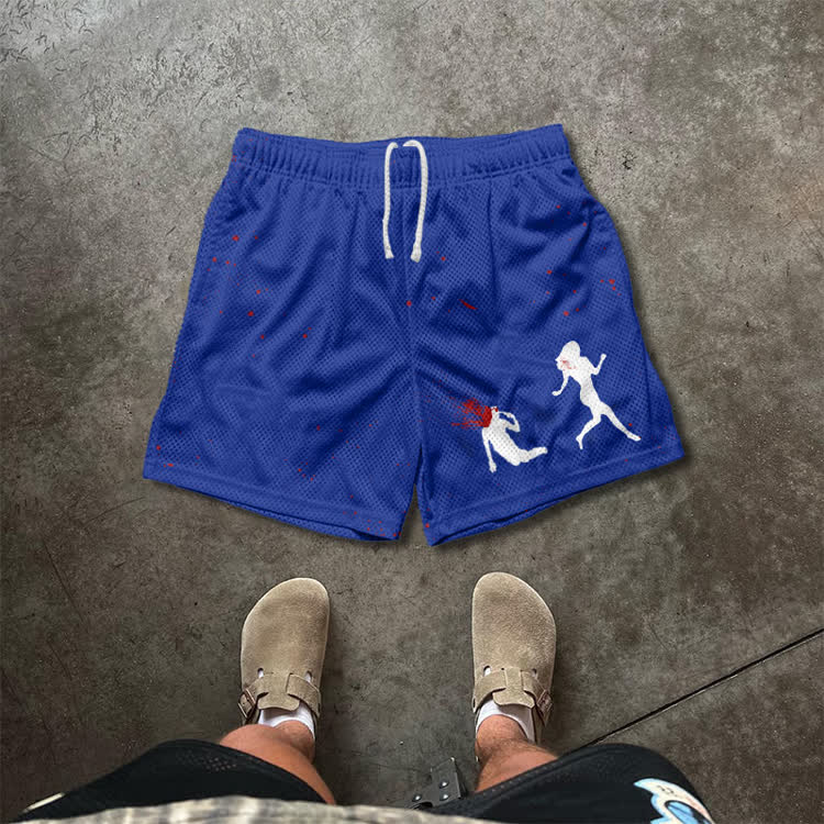 “Run Away”Girl Graphic Print Mesh Shorts - Blue - 5XL - image 2