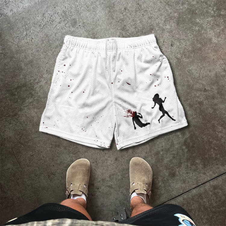 “Run Away”Girl Graphic Print Mesh Shorts - White - 5XL - image 1