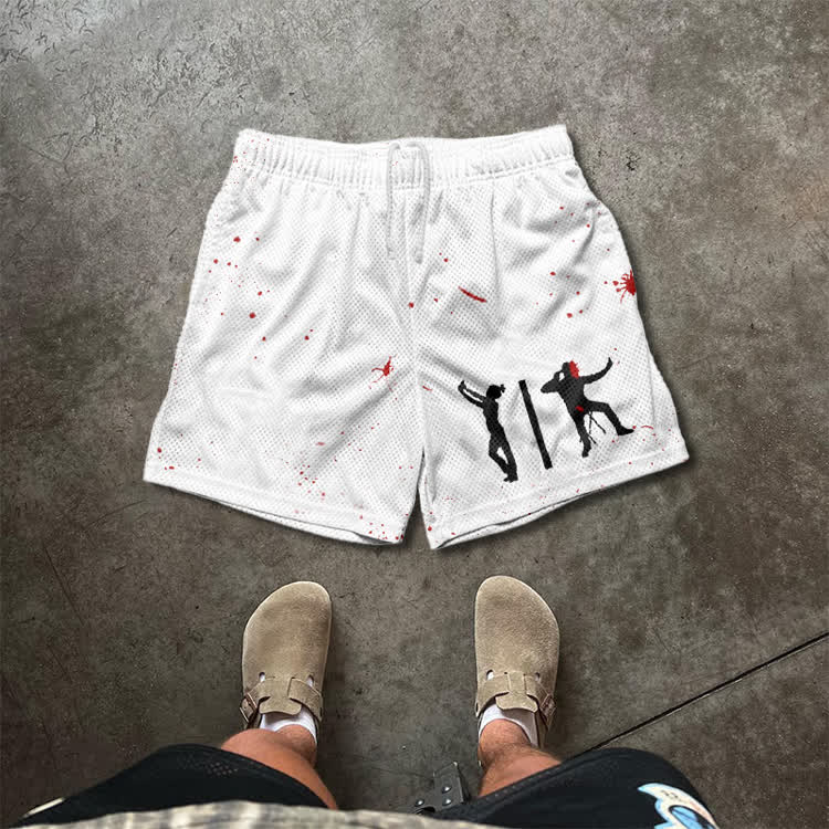 Zombie Attack Silhouette Blood Splatter Print Mesh Shorts - White - 5XL - image 1