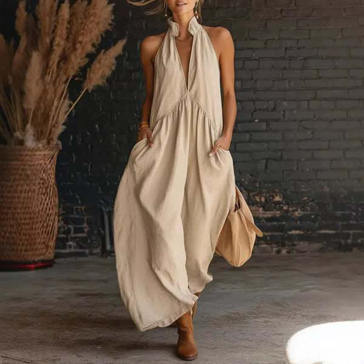 Elegant Vacation Stand Collar Solid Color Dress - Khaki - US20-22(3XL) - image 1
