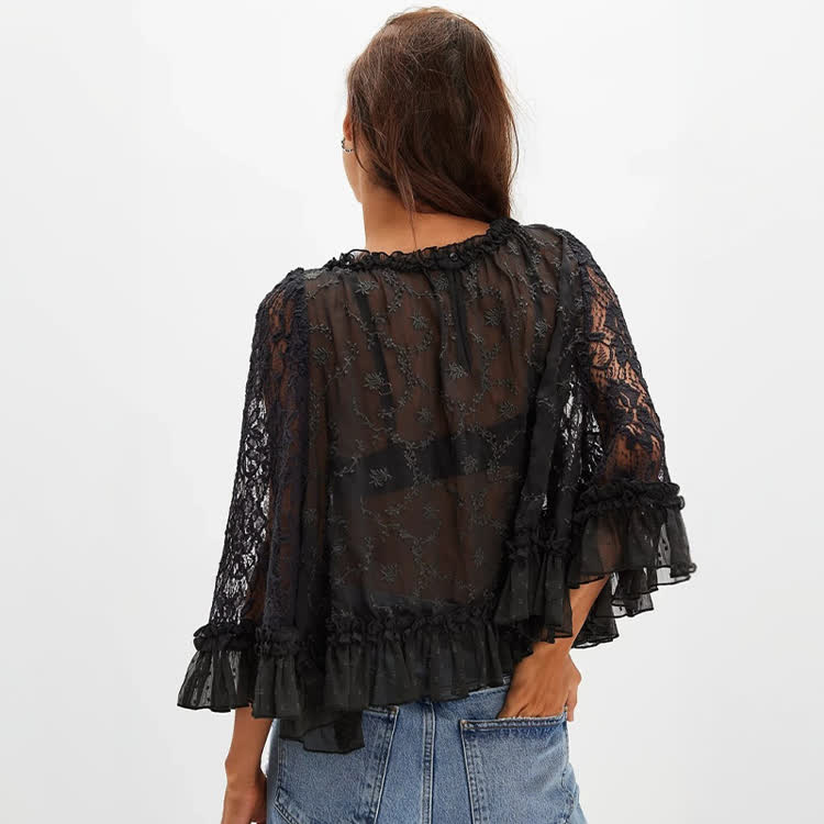 Solid Color Lace Ruffle Batwing Sleeve T-shirt - image 3