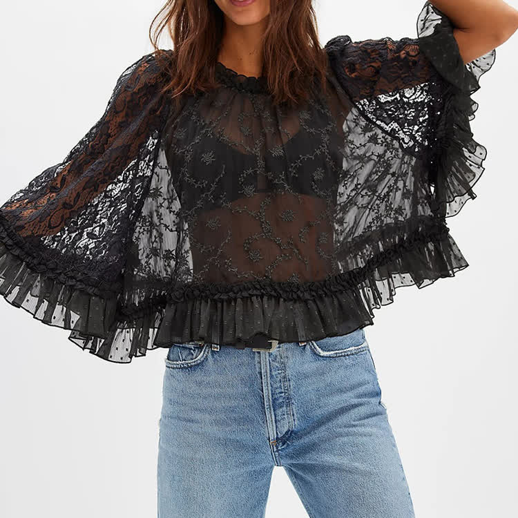 Solid Color Lace Ruffle Batwing Sleeve T-shirt - Black - US12(L) - image 2