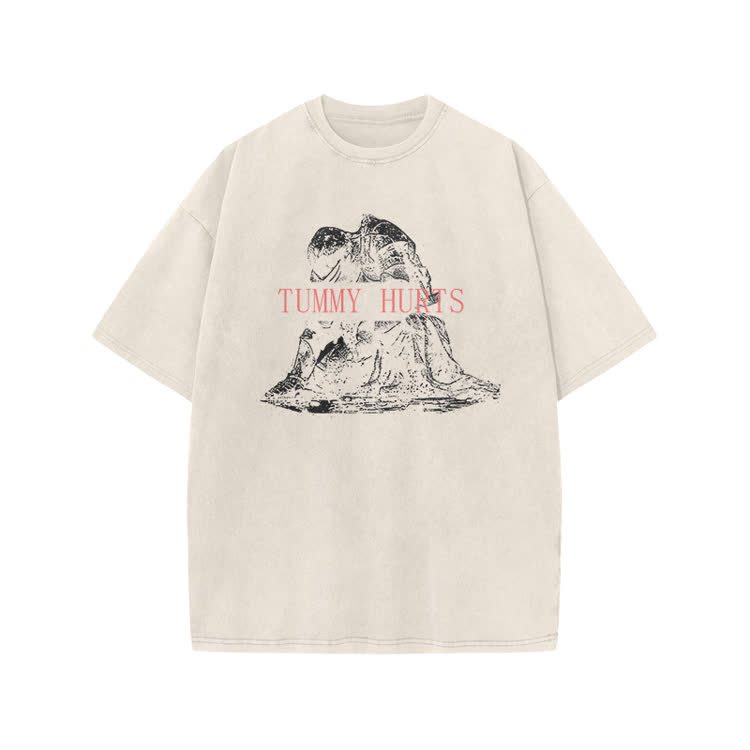 Tummy Hurts Print Acid Washed T-shirt - Beige - US20-22(3XL) - image 2
