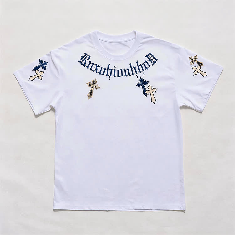 Gothic Cross Graphic Embroidered Round Neck T-Shirt - White - 3XL - image 2