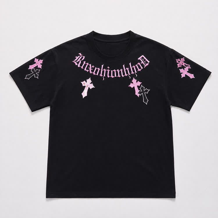 Gothic Cross Graphic Embroidered Round Neck T-Shirt - Black - 3XL - image 1