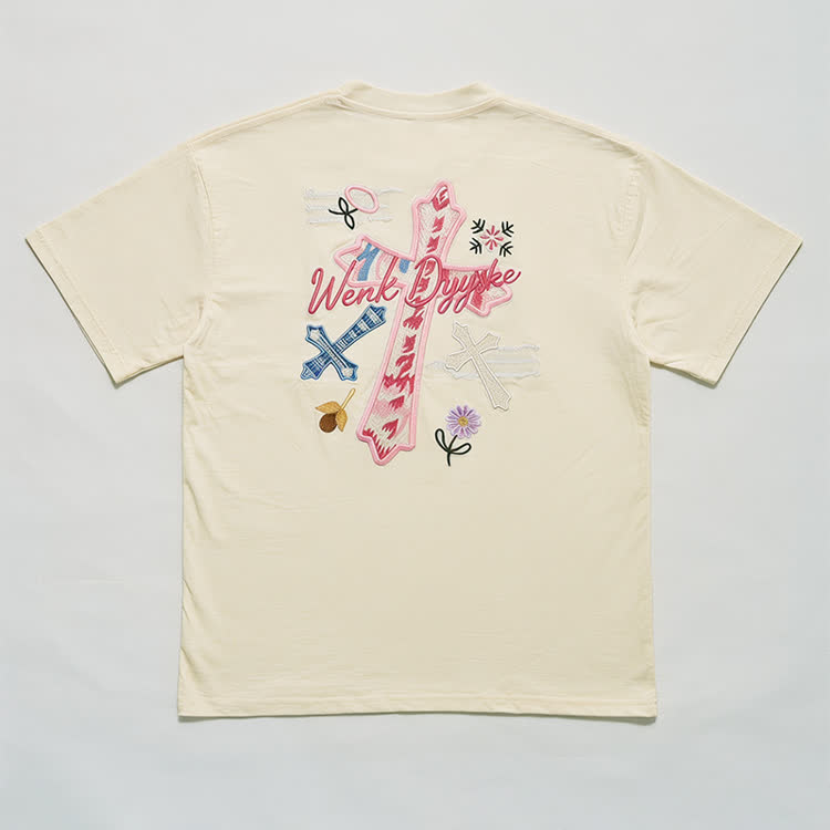 Casual Floral Script and cross Embroidered Round Neck T-Shirt - image 3