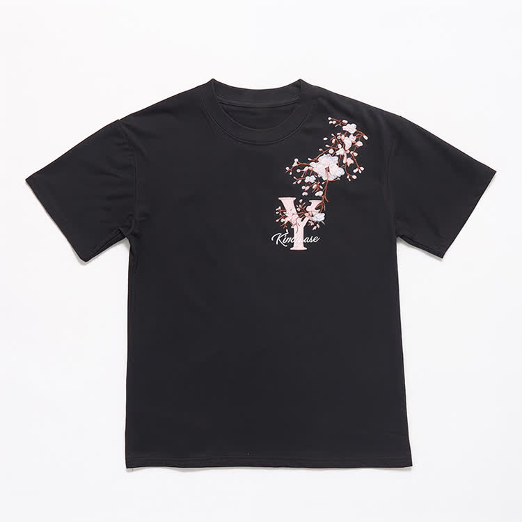 Casual Embroidered Letters Sakura Graphic Round Neck T-Shirt - image 2
