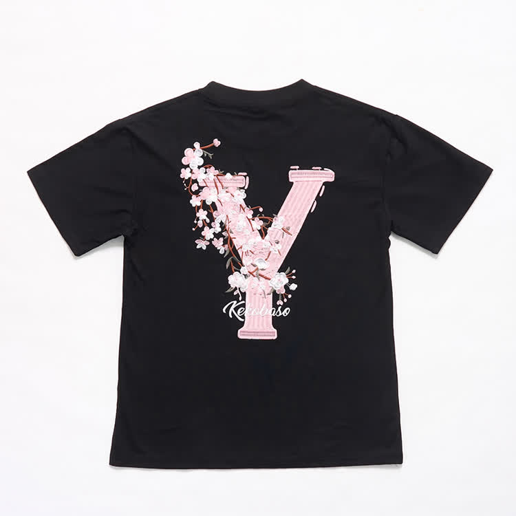 Casual Embroidered Letters Sakura Graphic Round Neck T-Shirt - Black - 3XL - image 1