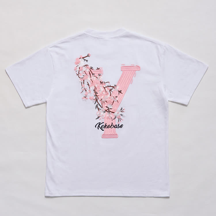 Casual Embroidered Letters Sakura Graphic Round Neck T-Shirt - White - 3XL - image 4