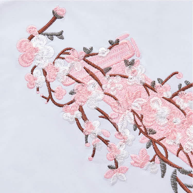 Casual Embroidered Letters Sakura Graphic Round Neck T-Shirt - image 7