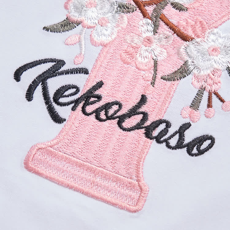 Casual Embroidered Letters Sakura Graphic Round Neck T-Shirt - image 6