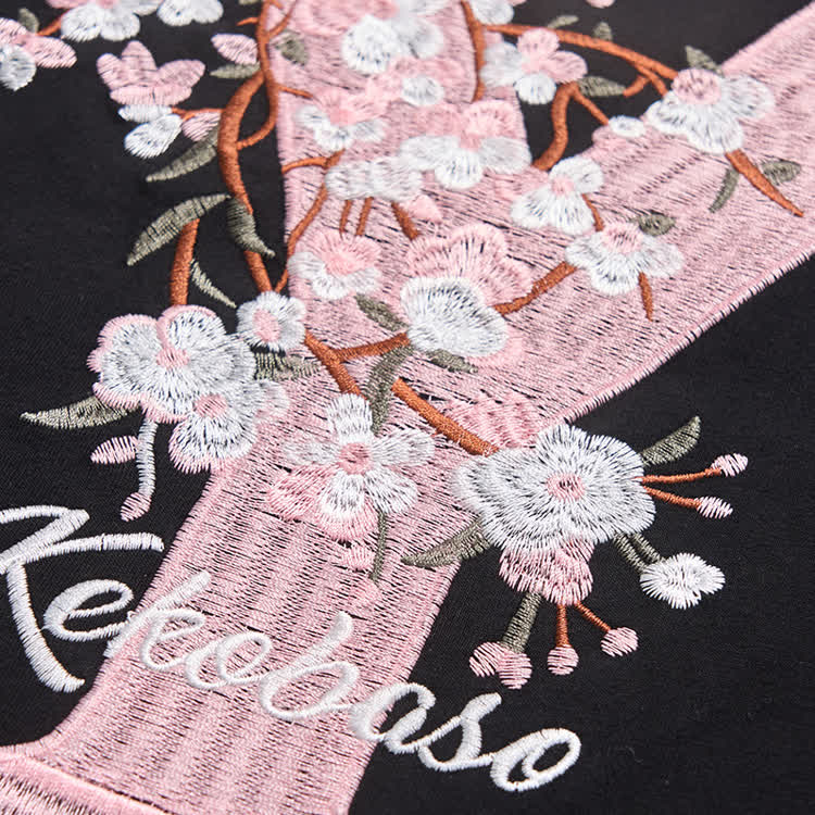 Casual Embroidered Letters Sakura Graphic Round Neck T-Shirt - image 9