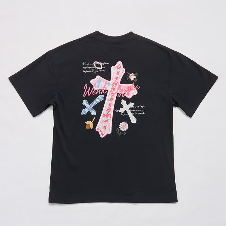 Casual Floral Script and cross Embroidered Round Neck T-Shirt - Black - 3XL - image 1
