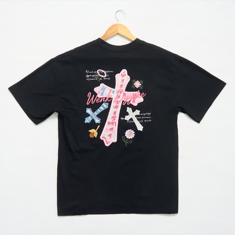 Casual Floral Script and cross Embroidered Round Neck T-Shirt - image 5