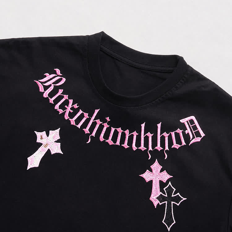 Gothic Cross Graphic Embroidered Round Neck T-Shirt - image 7