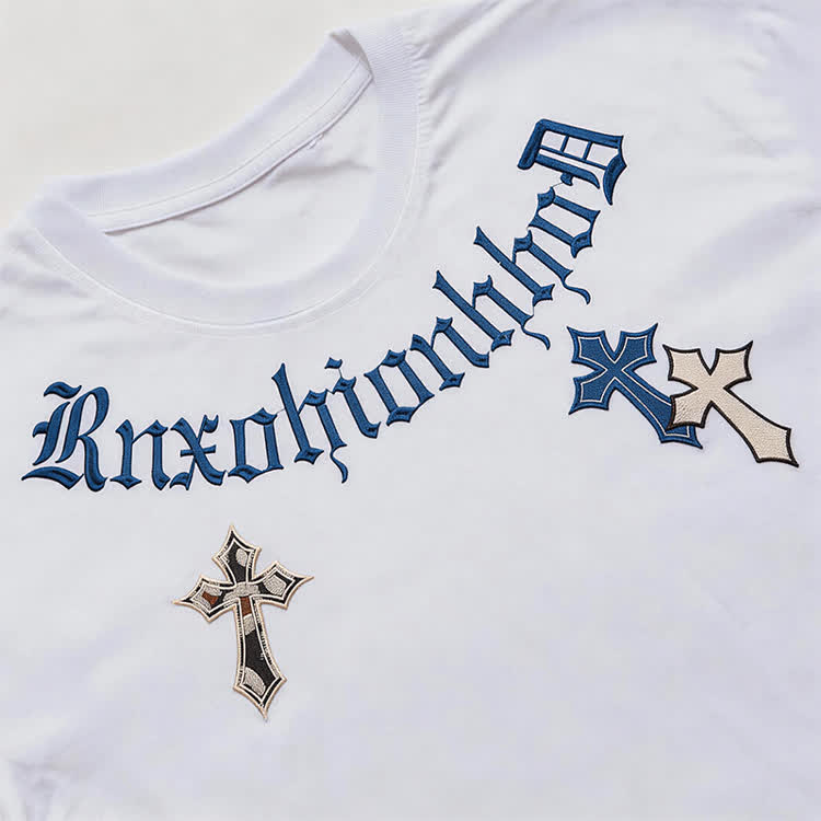 Gothic Cross Graphic Embroidered Round Neck T-Shirt - image 8