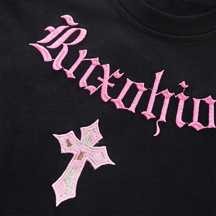 Gothic Cross Graphic Embroidered Round Neck T-Shirt - image 11