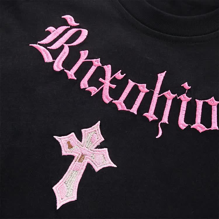 Gothic Cross Graphic Embroidered Round Neck T-Shirt - image 11