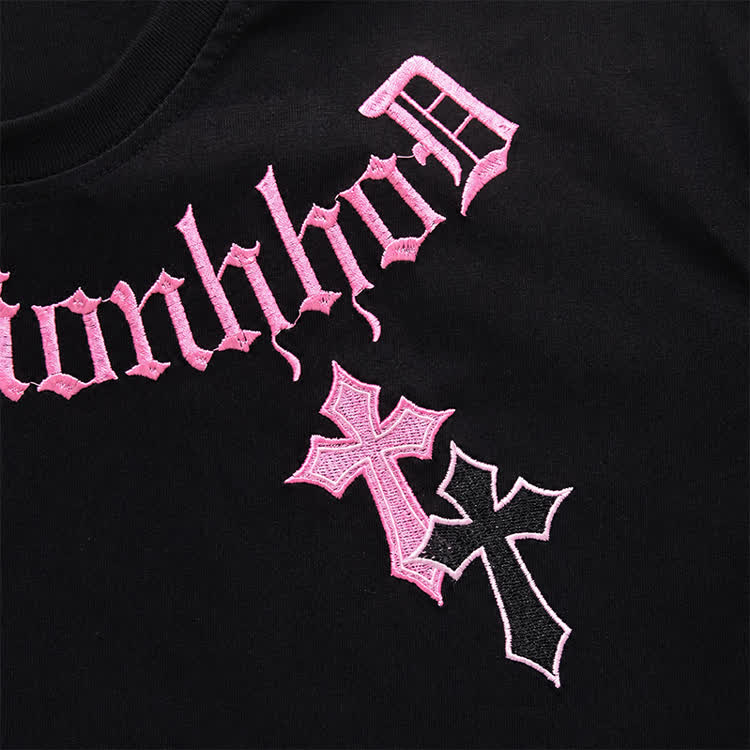 Gothic Cross Graphic Embroidered Round Neck T-Shirt - image 9