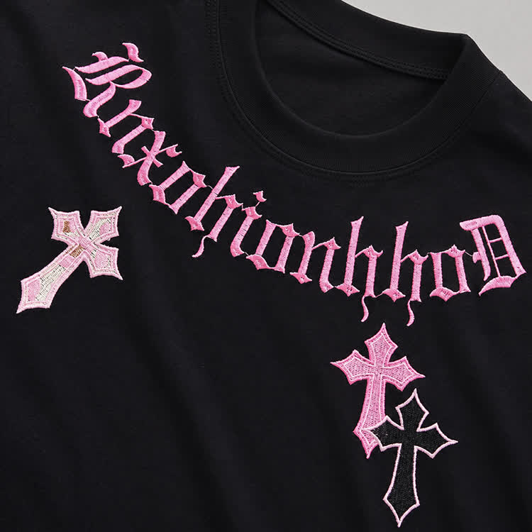 Gothic Cross Graphic Embroidered Round Neck T-Shirt - image 13
