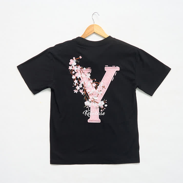 Casual Embroidered Letters Sakura Graphic Round Neck T-Shirt - image 14