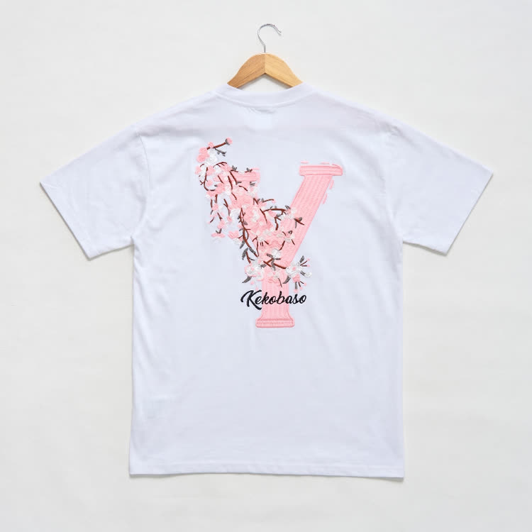 Casual Embroidered Letters Sakura Graphic Round Neck T-Shirt - image 16