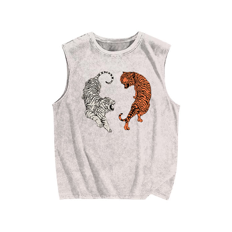 White Tiger & Orange Tiger Yin-yang Print Washed Tank Top - Beige - US20-22(3XL) - image 2