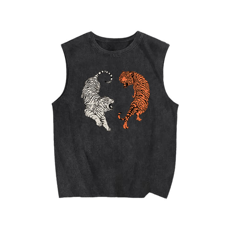 White Tiger & Orange Tiger Yin-yang Print Washed Tank Top - Black - US20-22(3XL) - image 1