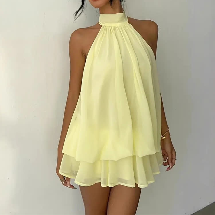 Solid Color Halter Neck Off Shoulder Dress - Yellow - US16-18(2XL) - image 1