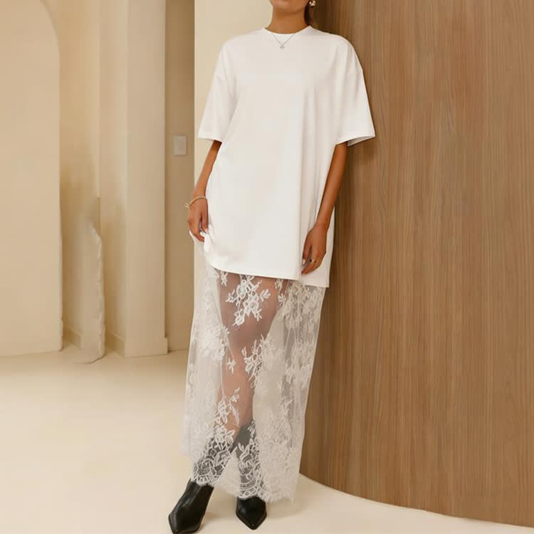 Solid Color Lace Spliced T-shirt Dress - White - US20-22(3XL) - image 2