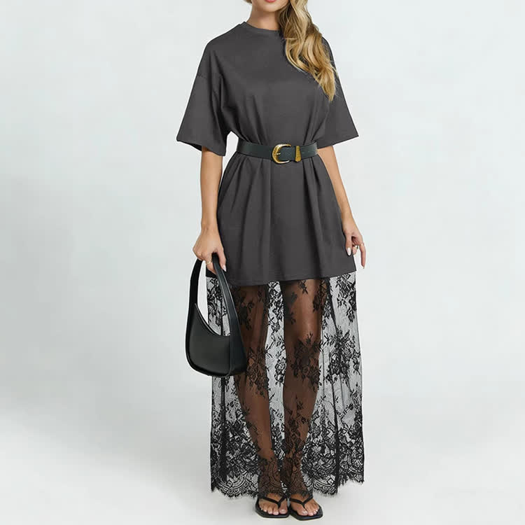 Solid Color Lace Spliced T-shirt Dress - Grey - US20-22(3XL) - image 1