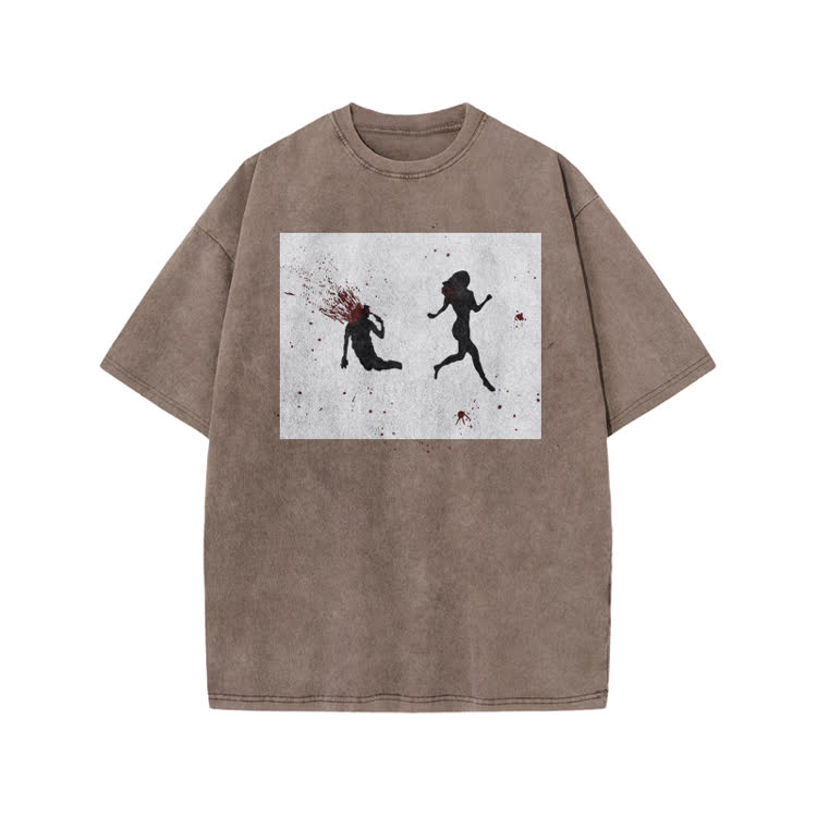 “Run Away”Girl Graphic Print Acid Washed T-shirt - Coffee - US20-22(3XL) - image 3