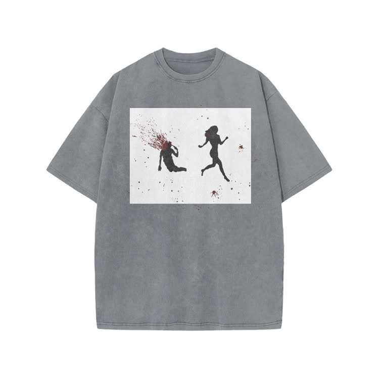 “Run Away”Girl Graphic Print Acid Washed T-shirt - Grey - US20-22(3XL) - image 2