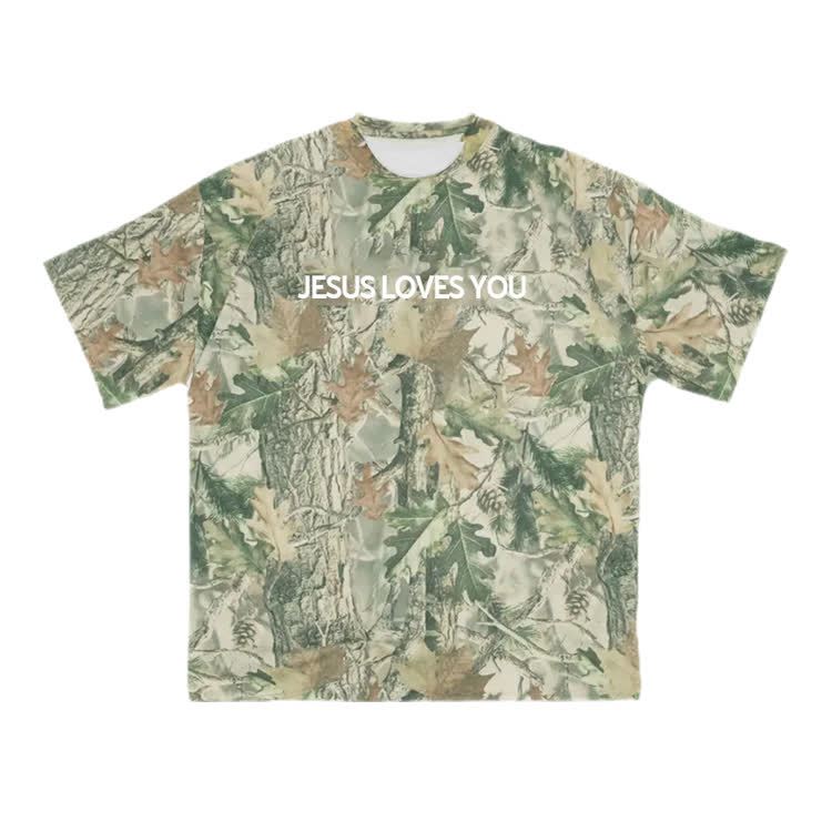 Jesus Loves You Camo Print T-shirt - Green - 8XL - image 2