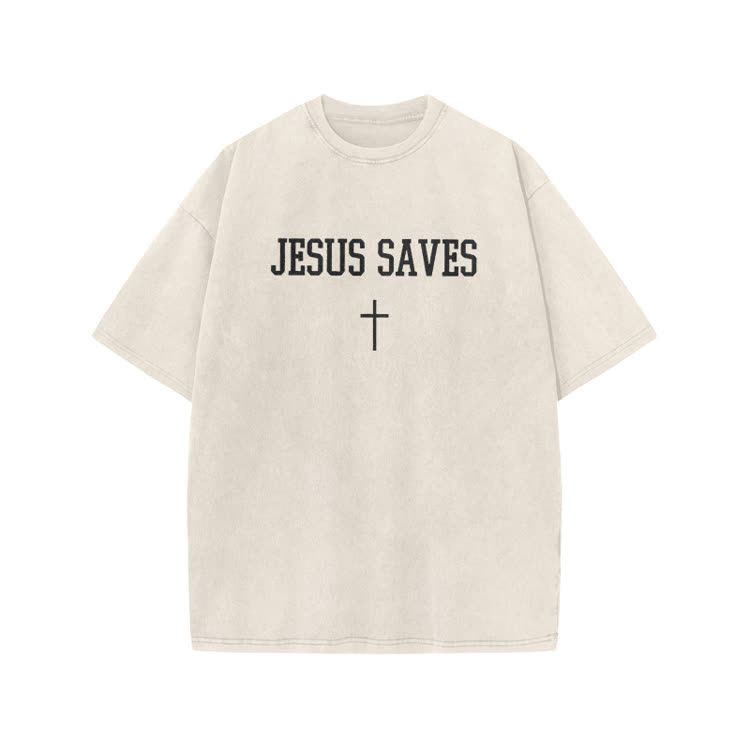 Jesus Saves Cross Print Acid Washed T-shirt - Beige - US20-22(3XL) - image 2